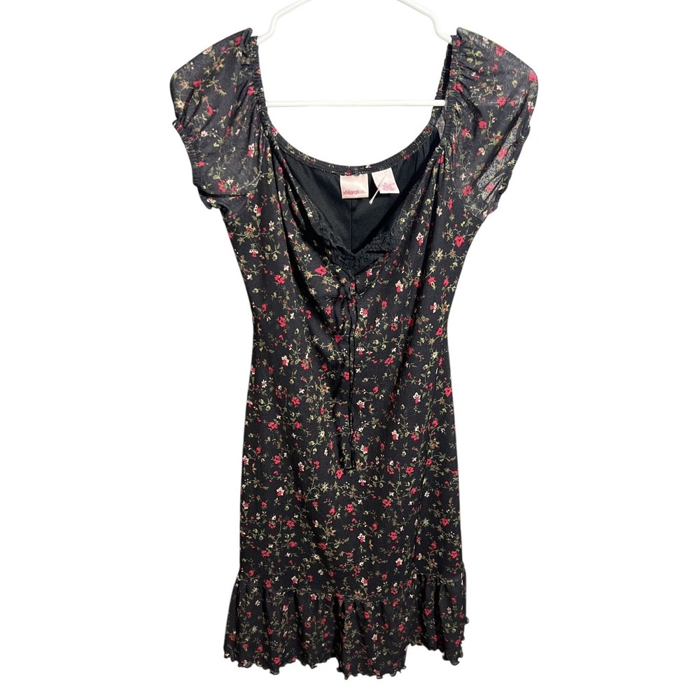 Xhilaration Women's Black Floral Ruffle Hem Mini Dress Size S Smocked Polyester